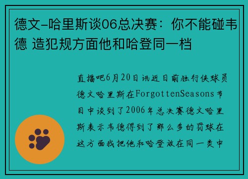 德文-哈里斯谈06总决赛：你不能碰韦德 造犯规方面他和哈登同一档